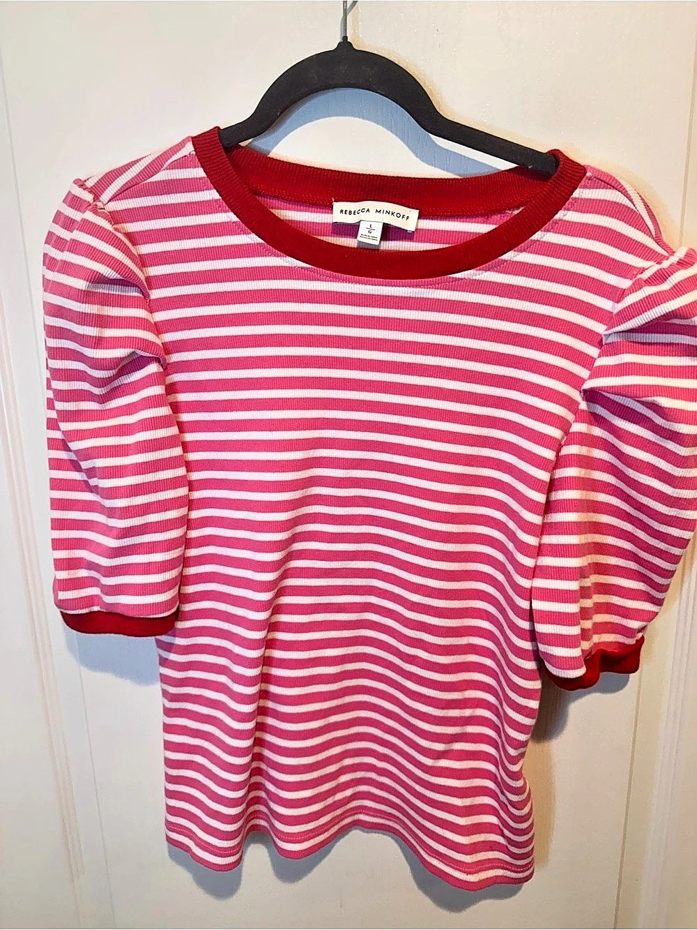 Rebecca Minkoff Val Puff Sleeve T-Shirt Pink & Red Size Large